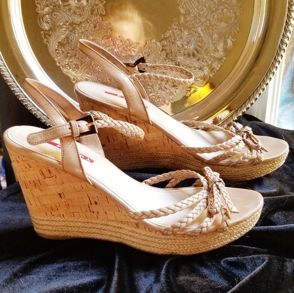 Prada Shoes - Prada Tan Strappy Cork Wedge Sandals 9.5